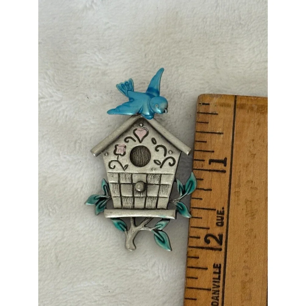 Vintage JONETTE JEWELRY (JJ) Pewter-Tone Birdhouse Brooch/Pin